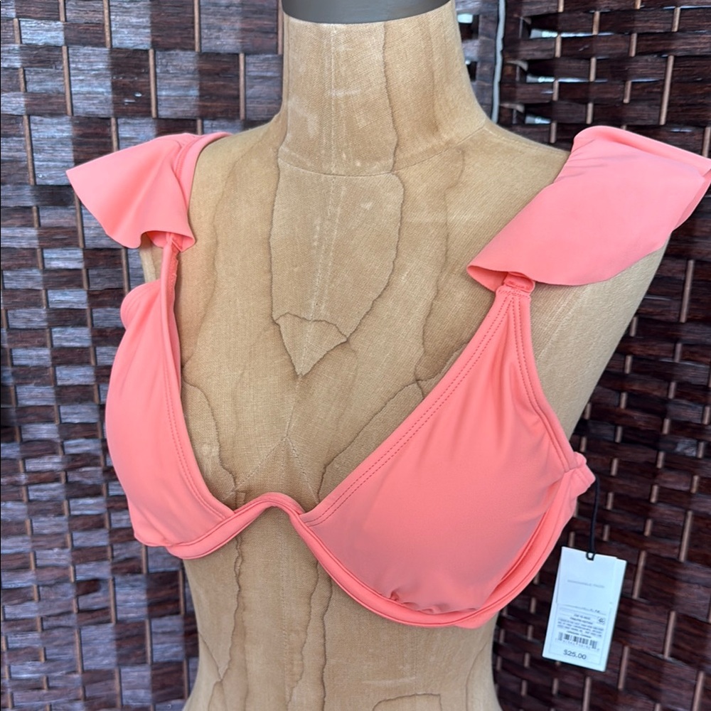 Shade & Shore Coral ruffle Bikini Top underwire sz L 12 peach NWT